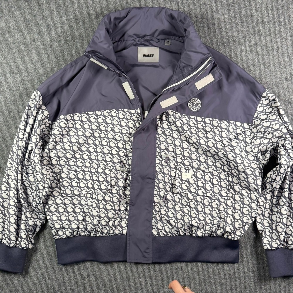 Guess Clare Windbreaker Womens M Navy Blue Monogram Logo Packable Hood Jacket